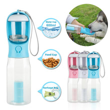 Lade das Bild in den Galerie-Viewer, Tragbare Hunde Katzen Trinkflasche mit Futterbehälter und Kotbeutel Dispenser 3 In 1 auslaufsicher Multifunktionale Wasserflasche Haustier Produkte
